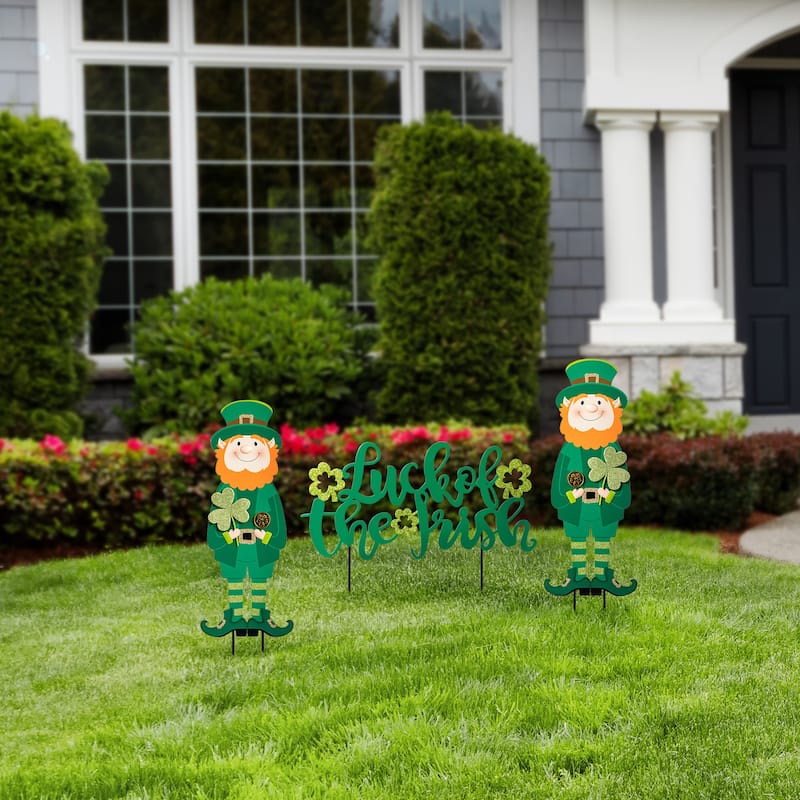 Glitzhome St. Patrick's Metal LUCKY Leprechaun Yard Stakes or Wall Sign