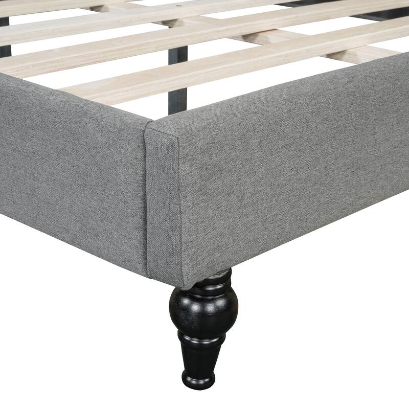 Twin/Full Size Upholstered Daybed, Linen Fabric Sofa Bed with Solid Wood Legs and L Shaped Backrest, Solid Wood Bedframe