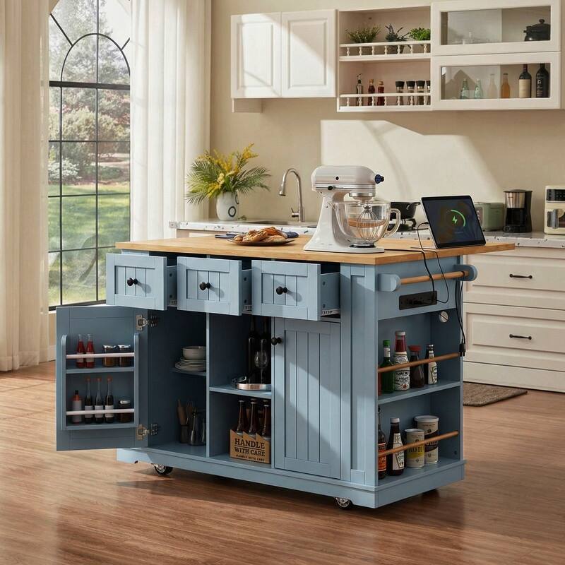 53" Kitchen Island with Drop Leaf,Rolling Kitchen Cart on 5 Wheels withDrawers, Power Outlet and Open Side Racks for Kitchen