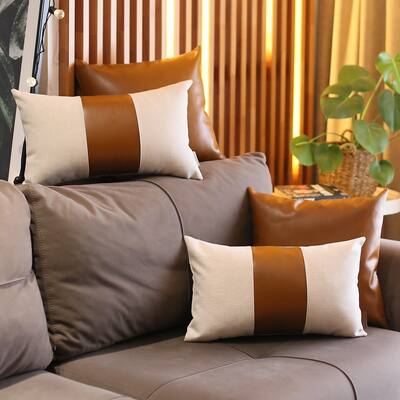 Boho Throw Pillow Brown Mixed Design Set of 4 Vegan Faux Leather Solid