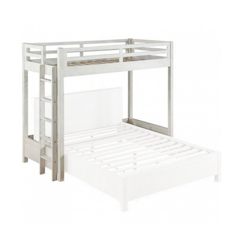 Twin Loft Bed with 1 Queen Bed and Fixed Ladder, White