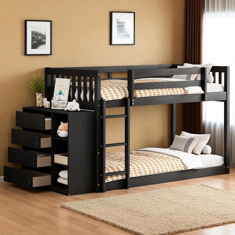 Twin over Twin or Full over Full Bunk Bed with Storage Drawers, Shelves, and Reversible Ladder