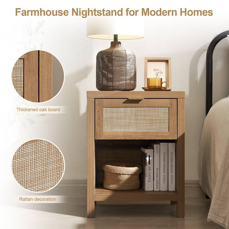 SICOTAS Farmhouse Rattan Nightstand Set of 2 with Drawer and Storage Shelf