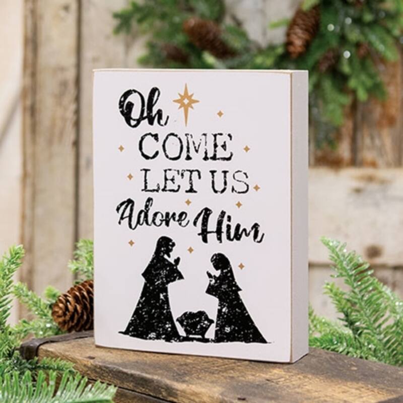 White Black Wooden Nativity Silhouette Box Sign with Gold Stars - 6 x 1.50 x 8 in.