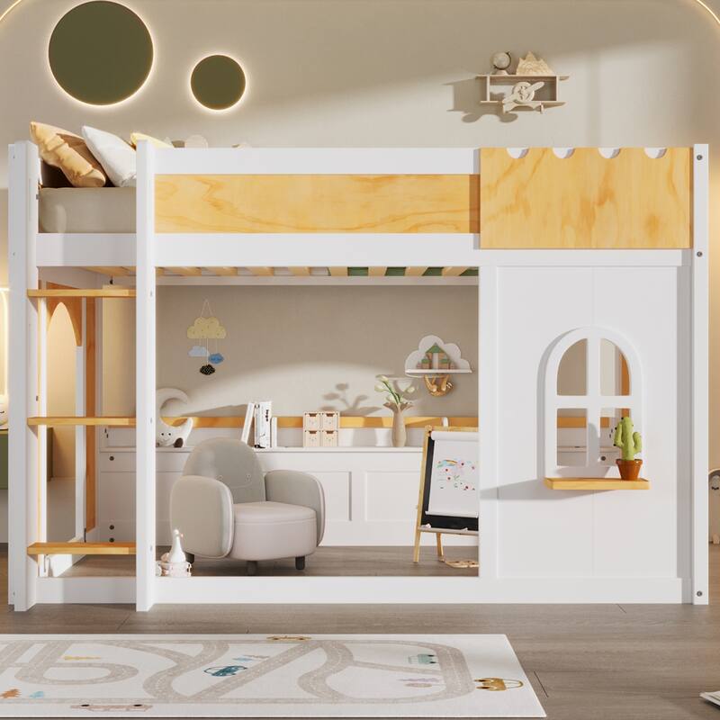 Kids Wooden Bunk Bed with Built-in Storage Shelves, Playful Window and 2 Doors