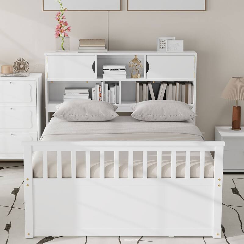 Full Size Captain Platform Bed Frame with Storage Bookcases and Shelves, Four Drawers,White
