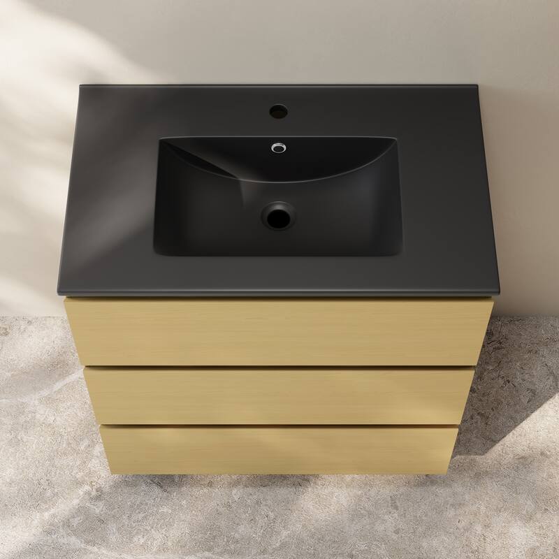 Liberte 30" Freestanding Bathroom Vanity In Natural Oak With Black Sink Top - 30