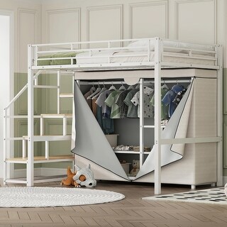 Metal Loft Bed with Wardrobe and Storage Shelves
