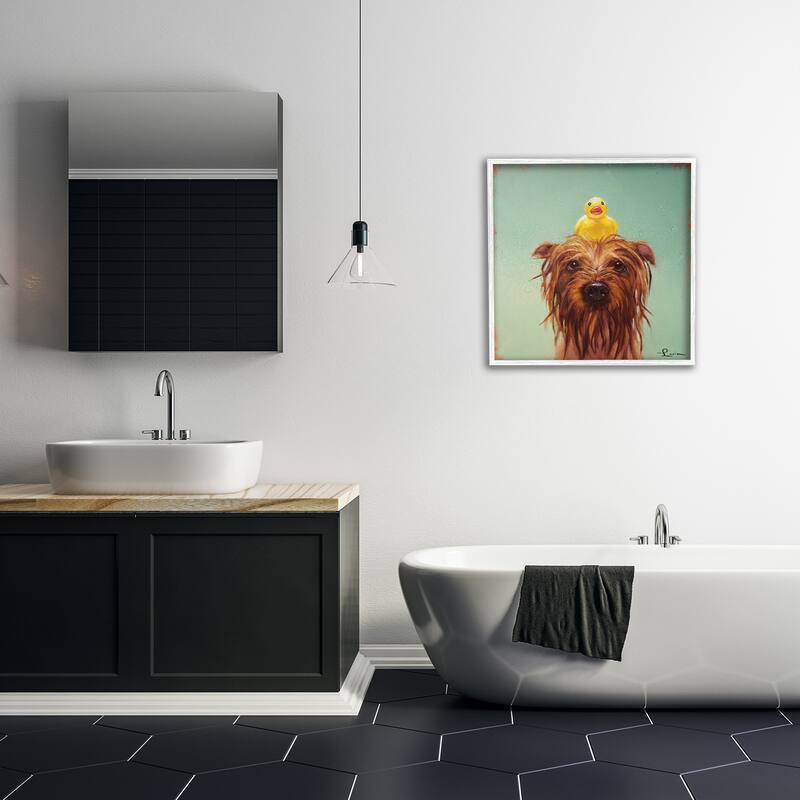 Stupell Wet Dog with a Rubber Ducky Turquoise Bath Framed Wall Art, 12x12, Proudly Made in USA