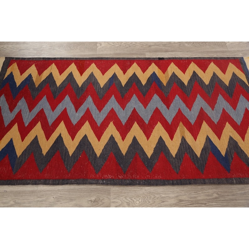 Geometric Chevron Kilim Oriental Kitchen Area Rug Wool Hand-woven - 3'1" x 6'3"