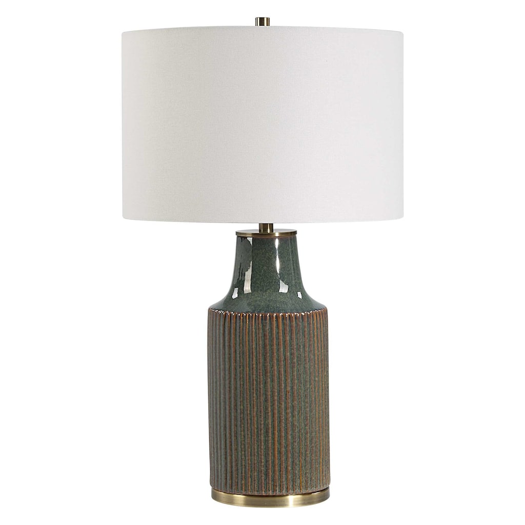 Table Lamp, White Linen Shade, Ribbed Ceramic Base, Blue Green 27 Inch