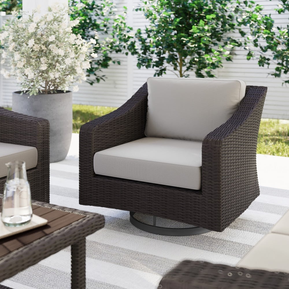 Martha Stewart Outdoor Rattan Wicker Swivel Chair with All-Weather Cushions - 34"D x 32"W x 30"H