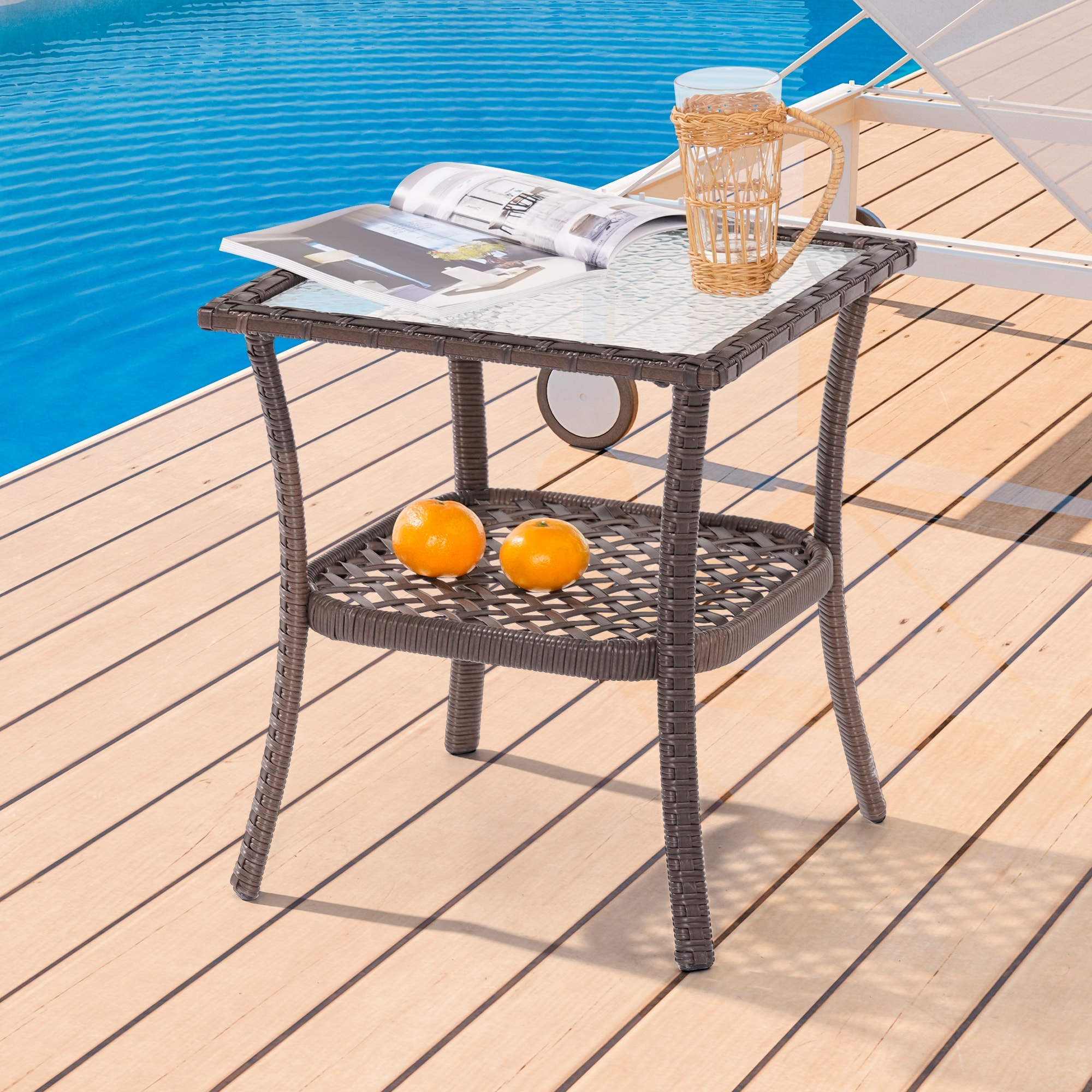 BONOSUKI Outdoor PE Rattan Side Table, Water-Corrugated Glass Tabletop