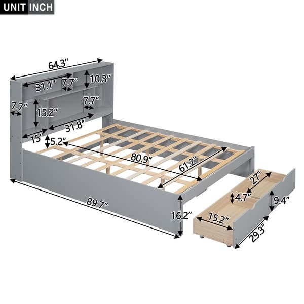 Queen Size Solid Pine Wood Platform Kids Bed Frame with Built-In Storage Shelves of the Headboard and 2-Drawers, Grey