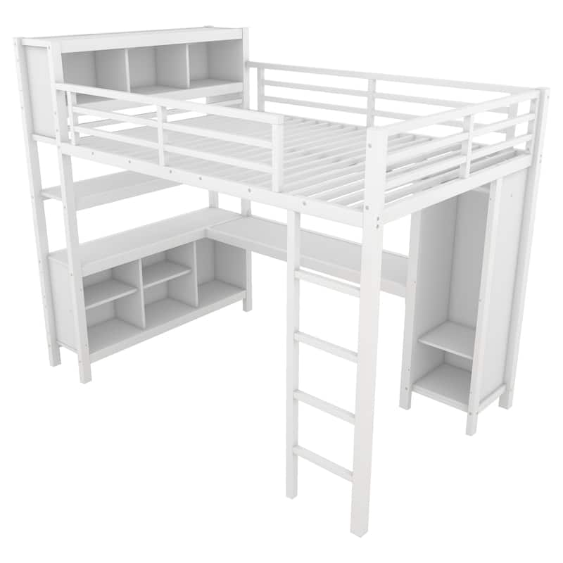 Heavy Duty Metal Loft Bed with Wardrobe and L Shaped Desk, Full/Queen Size High Loftbed Frame with Storage Cubes and Shelves