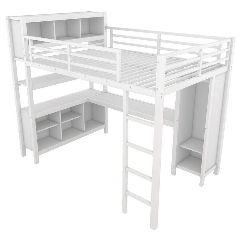 Roomfitters Full Metal Loft Bed with L-Shaped Desk, Wardrobe, Storage Cubes & Shelves, Heavy Duty Frame