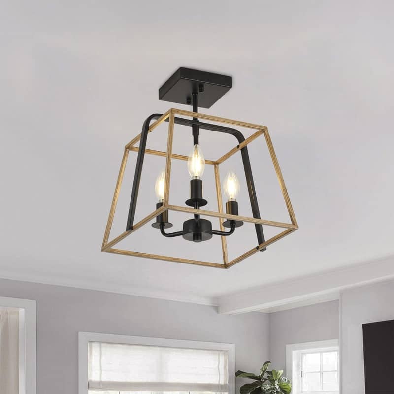 Farmhouse Semi Flush Mount Ceiling Light Rustic Black and Grey Wood 3 Light Iron Fixture