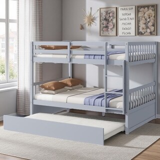 Full Size Rubberwood Bunk Bed with Pull-Out Trundle, Convertible to Two Separate Beds, Safety Guardrails and Ladder Included