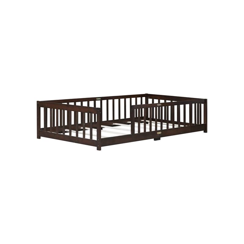 Roomfitters Twin Rubber Wood Floor Bed with Fence, Safety Guardrails, Low Profile Platform Design