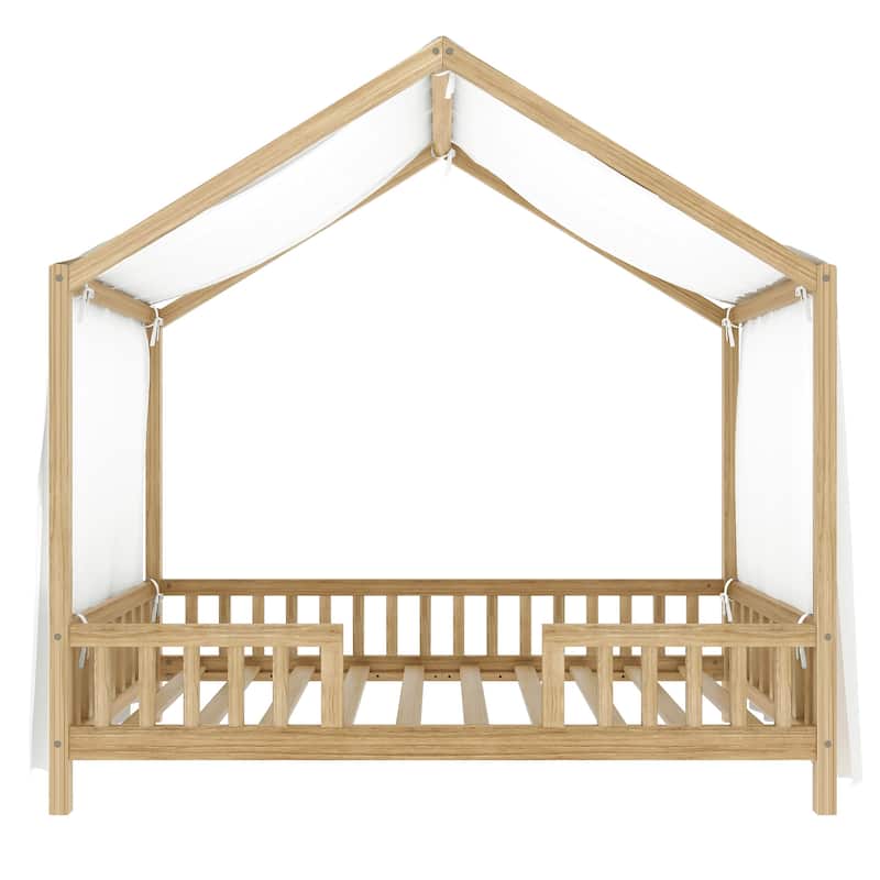 Montessori Bed, House-shape Frame Platform Bed for Kids Toddler, Wood House Daybed with High Railings and Roof, Canopy Bed Frame