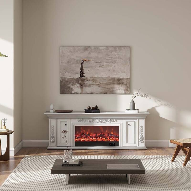 78.74" Modern Electric Fireplace TV Stand with LED Flame Effects，Beige TV Console, 2 Drawers, MDF