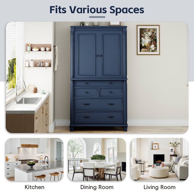 Roomfitters 77 Inch Large Freestanding Kitchen Pantry Cabinet with 5 Drawers and 6 Door Shelves