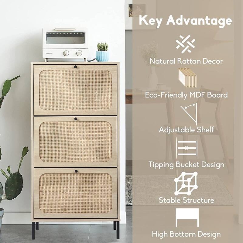 Boho Shoe Cabinet with 3 Rattan Flip Drawers, Free Standing Wood Entryway Shoe Rack, Hallway Shoe Organizer