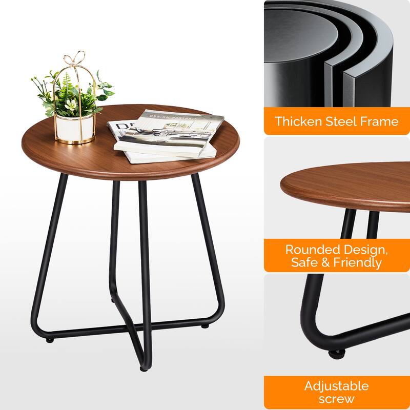 Round Outdoor Side Table Imitation Wood Top Steel Legs Patio Garden Balcony End Table - 19.7 x 19.7 x 20.9