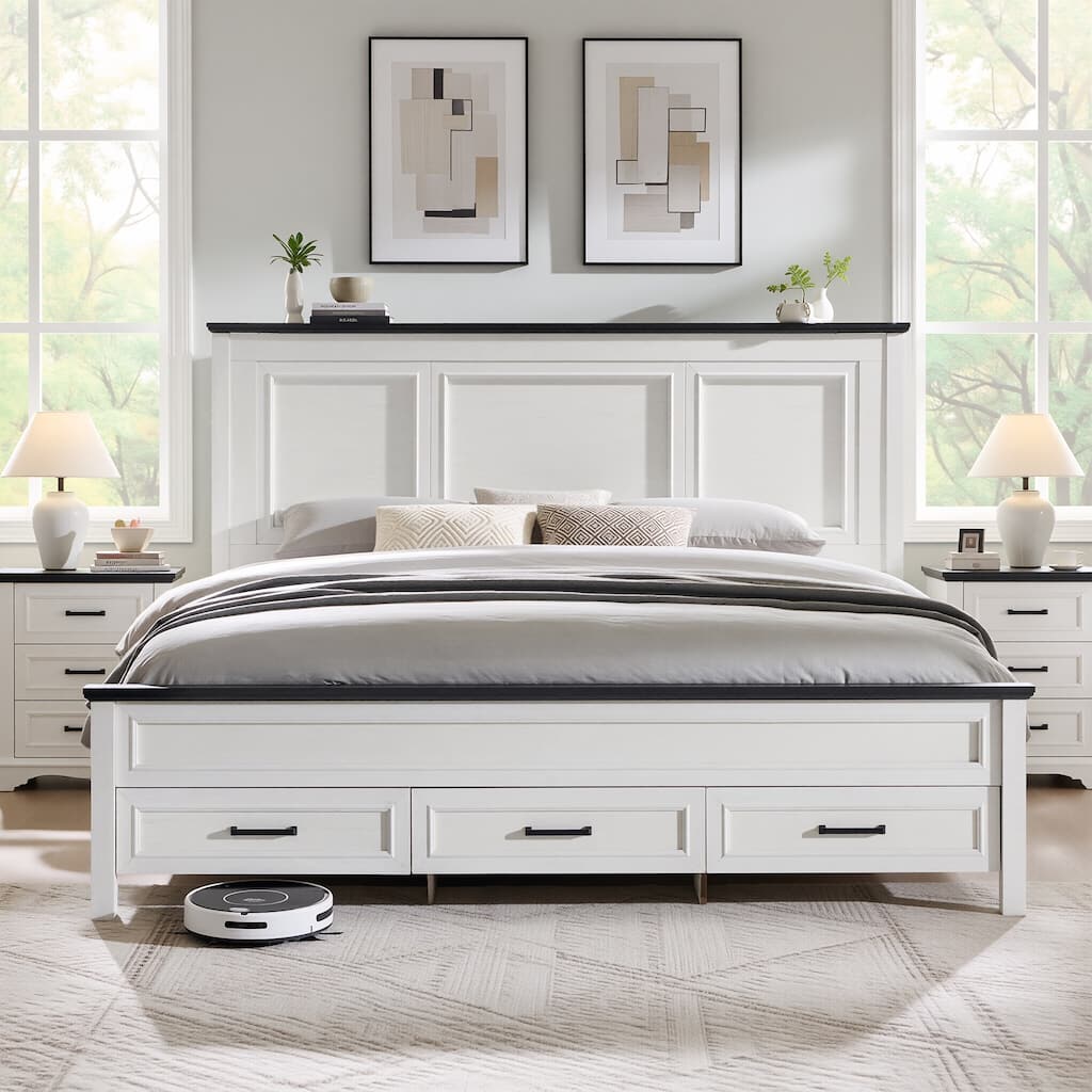 Vintage King Bed Frame with 52" Tall Headboard, Platform Bed frame