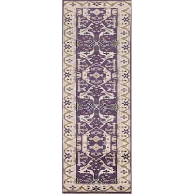 Purple & Ivory Oushak Oriental Runner Rug Hand-Knotted Wool Carpet - 2'6"x 9'9"