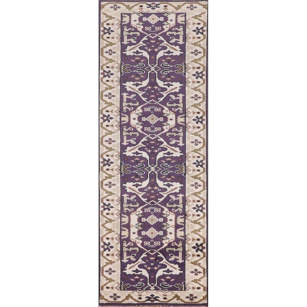Purple & Ivory Oushak Oriental Runner Rug Hand-Knotted Wool Carpet - 2'6"x 9'9"