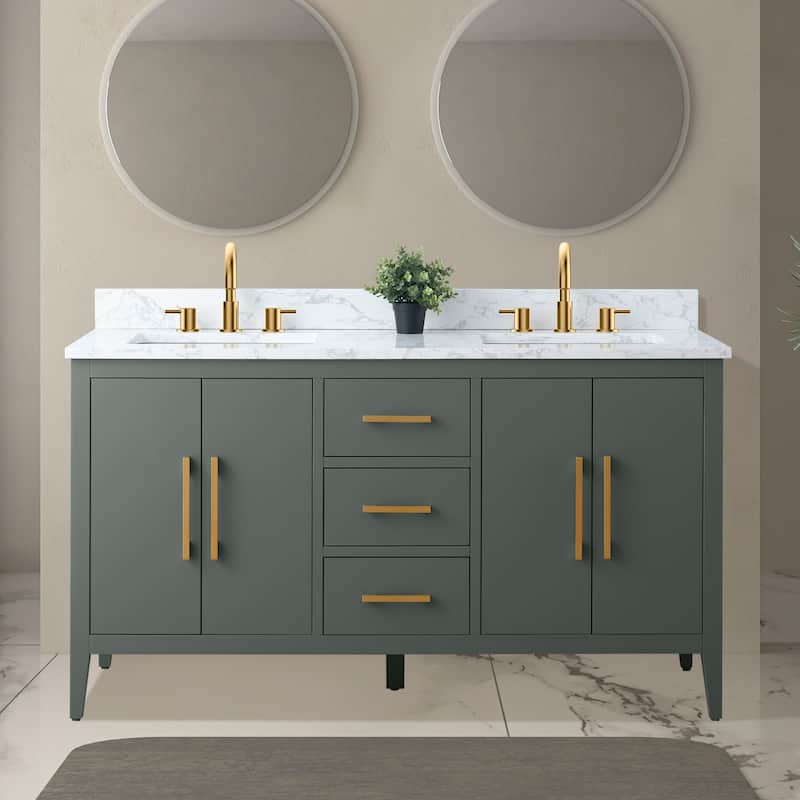 Vanity Art 60" Double Sink Bathroom Vanity Cabinet with Engineered Marble Top - 60"/Golden Brushed Handle - Vintage Green