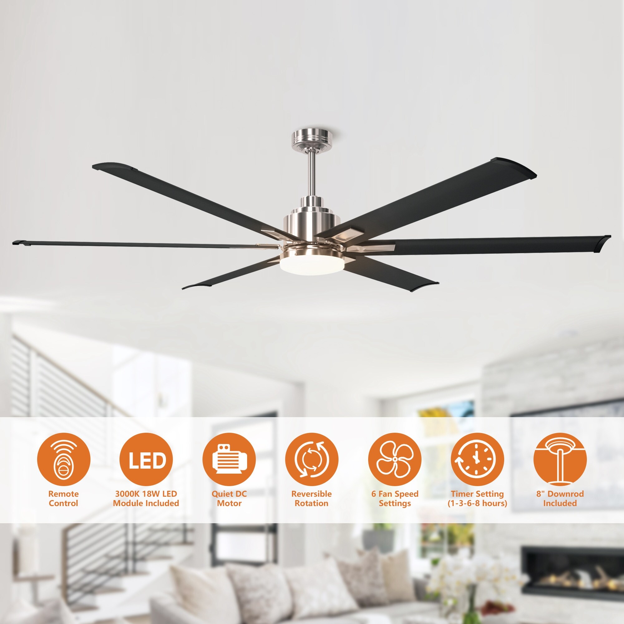 Industrial 72-inch Alumium 6-Blade Brushed Chrome LED Ceiling Fan