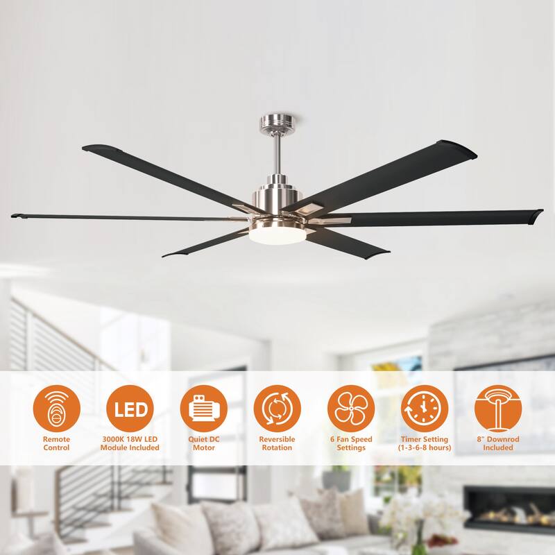 Industrial 72-inch Alumium 6-Blade Brushed Chrome LED Ceiling Fan with Remote and Light Kits - 72-in W x 17.8-in H