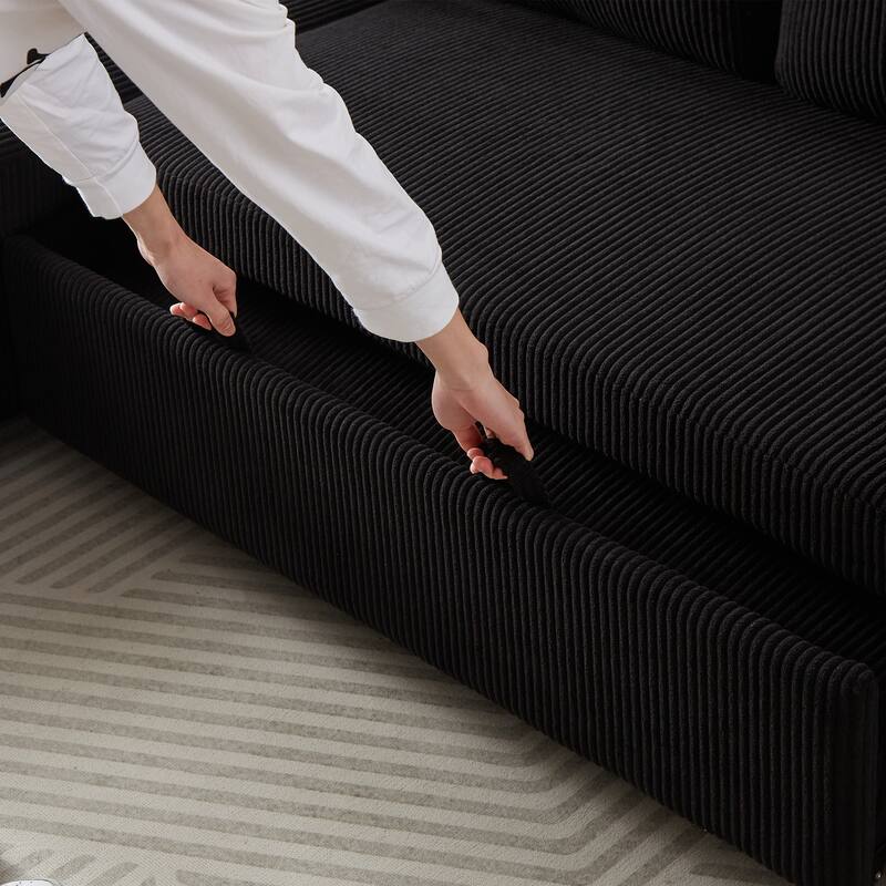 L-Shaped Corduroy Sofa Bed with Pull-Out Sleeper, Reversible Design