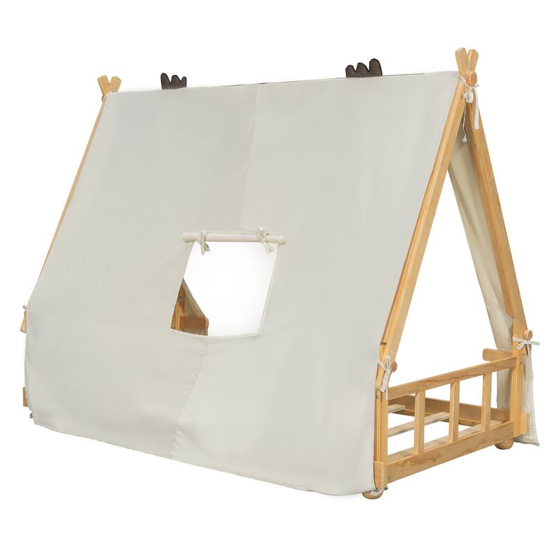 House Bed with Antler Accents Light Tent and Roof Wood Bed Frame