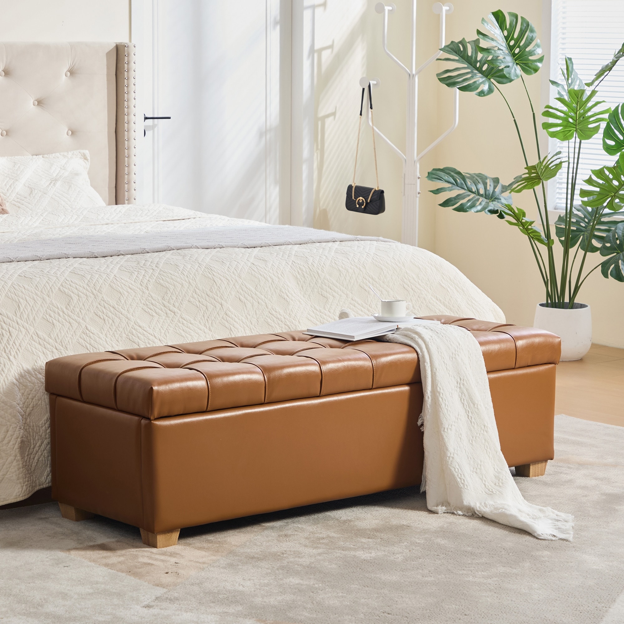 60 Inch Tufted PU Storage Bench with Flip Top Wood Legs Entryway Living Room