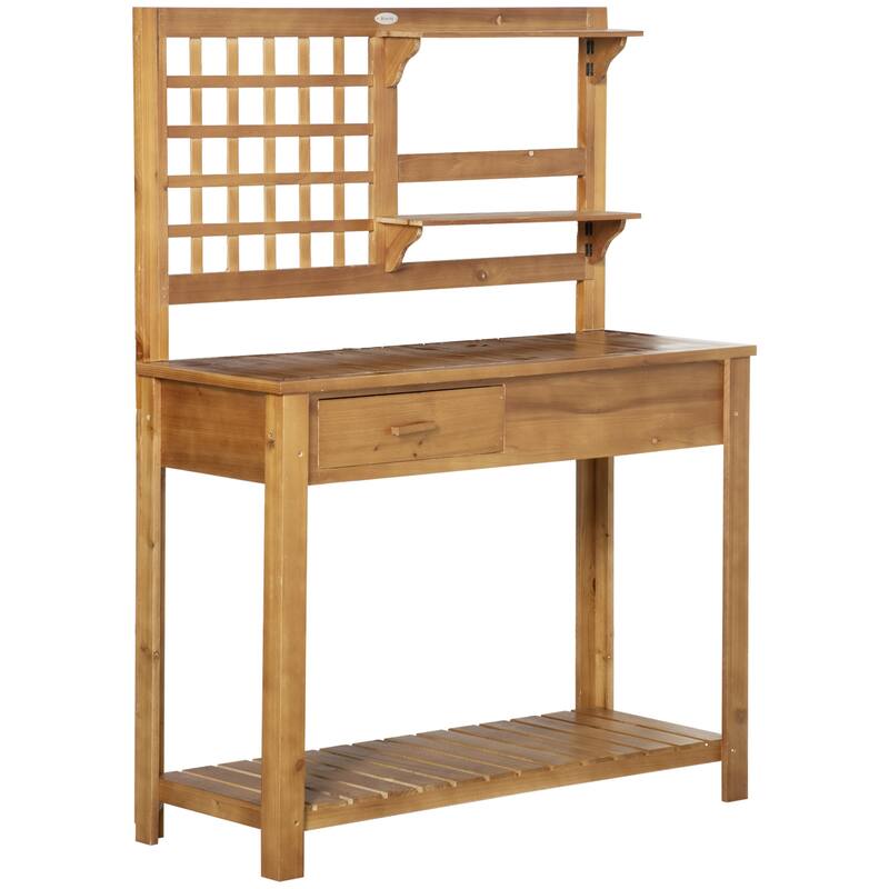 Outsunny Potting Bench Table, Garden Work Bench, Outdoor Wooden Workstation with Tiers of Shelves and Drawer - Brown