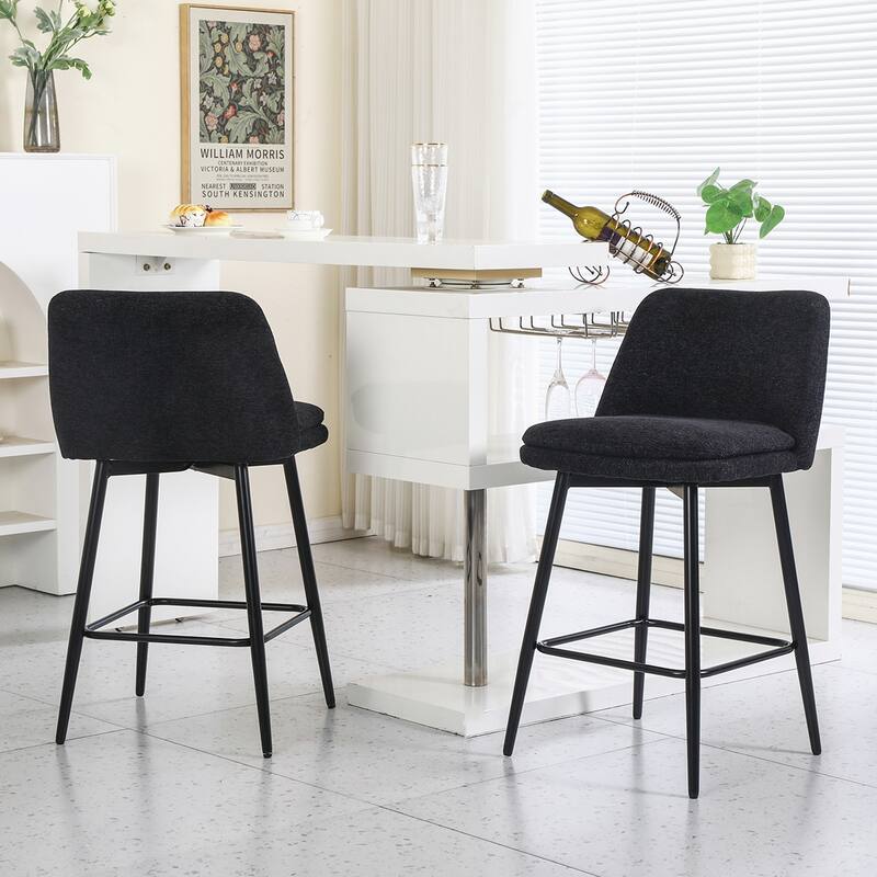 2PCS Swivel Linen Metal Legs Bar Stools - Black