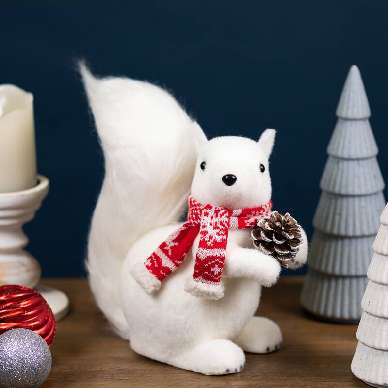 Sitting Squirrel with Snowflake Scarf Christmas Figure - 10.5" - White and Red