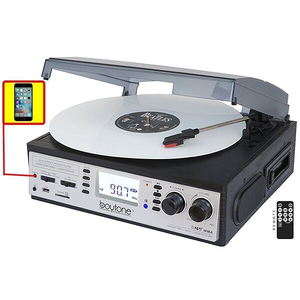 Boytone BT-19DJS-C 3-speed Turntable, 2 Built in Speakers Large Digital Display AM/FM, Cassette, USB/SD/AUX/MP3, Recorder & WMA