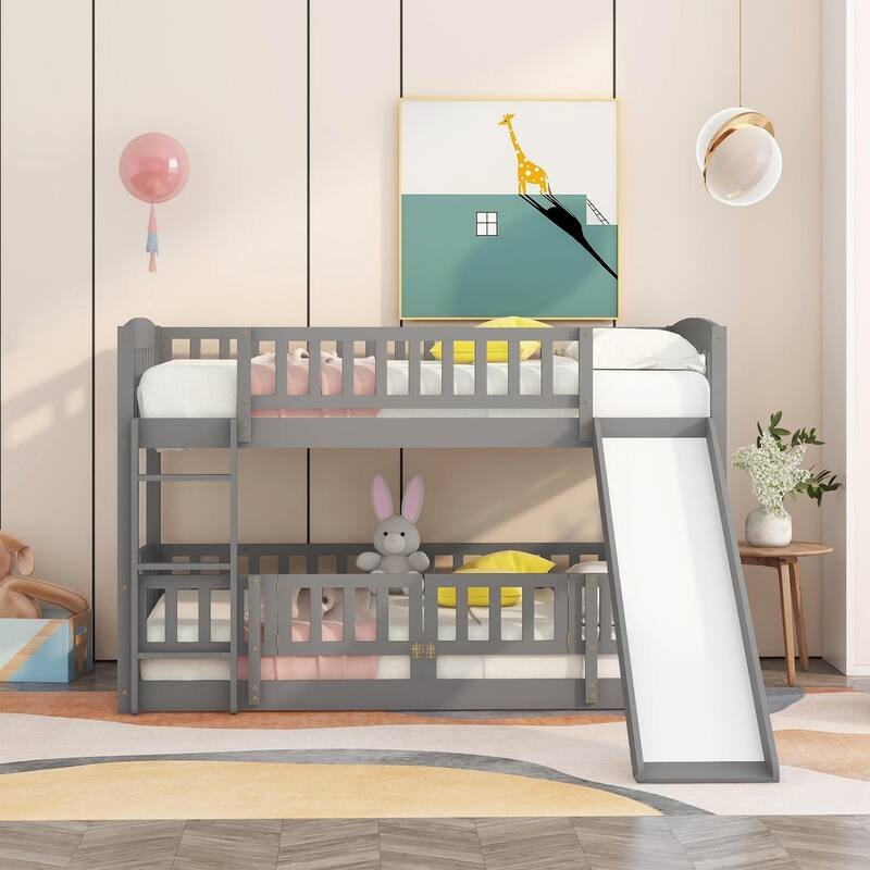 Twin-Over-Twin Bunk Bed with Slide Ladder & Slide, Solid Wood Low Bunkbed Frame w/Guardrail for Kids Teens, No Box Spring Needed - Grey - Twin