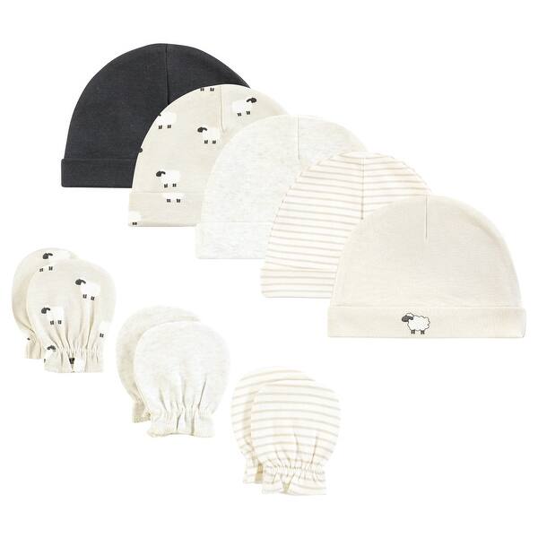 slide 1 of 1, Hudson Baby Cotton Cap and Scratch Mitten Set, Taupe Sheep, 0-6 Months - Taupe Sheep 0-6 Months - Taupe Sheep