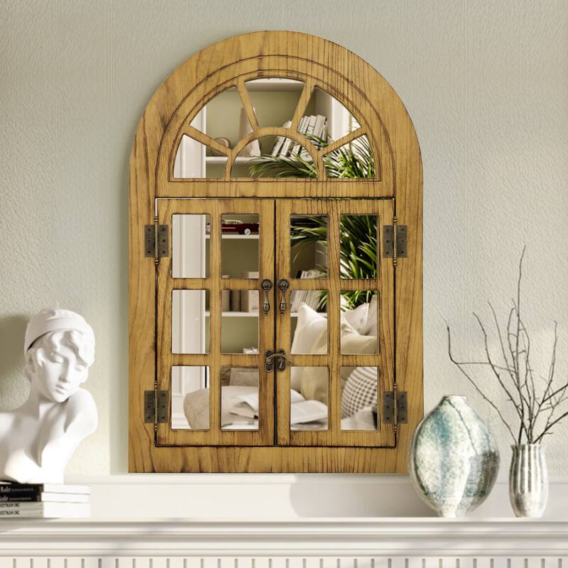 Arched Wood Framed Windowpane Accent Mirror Wall Mirror - 24x36 - Brown