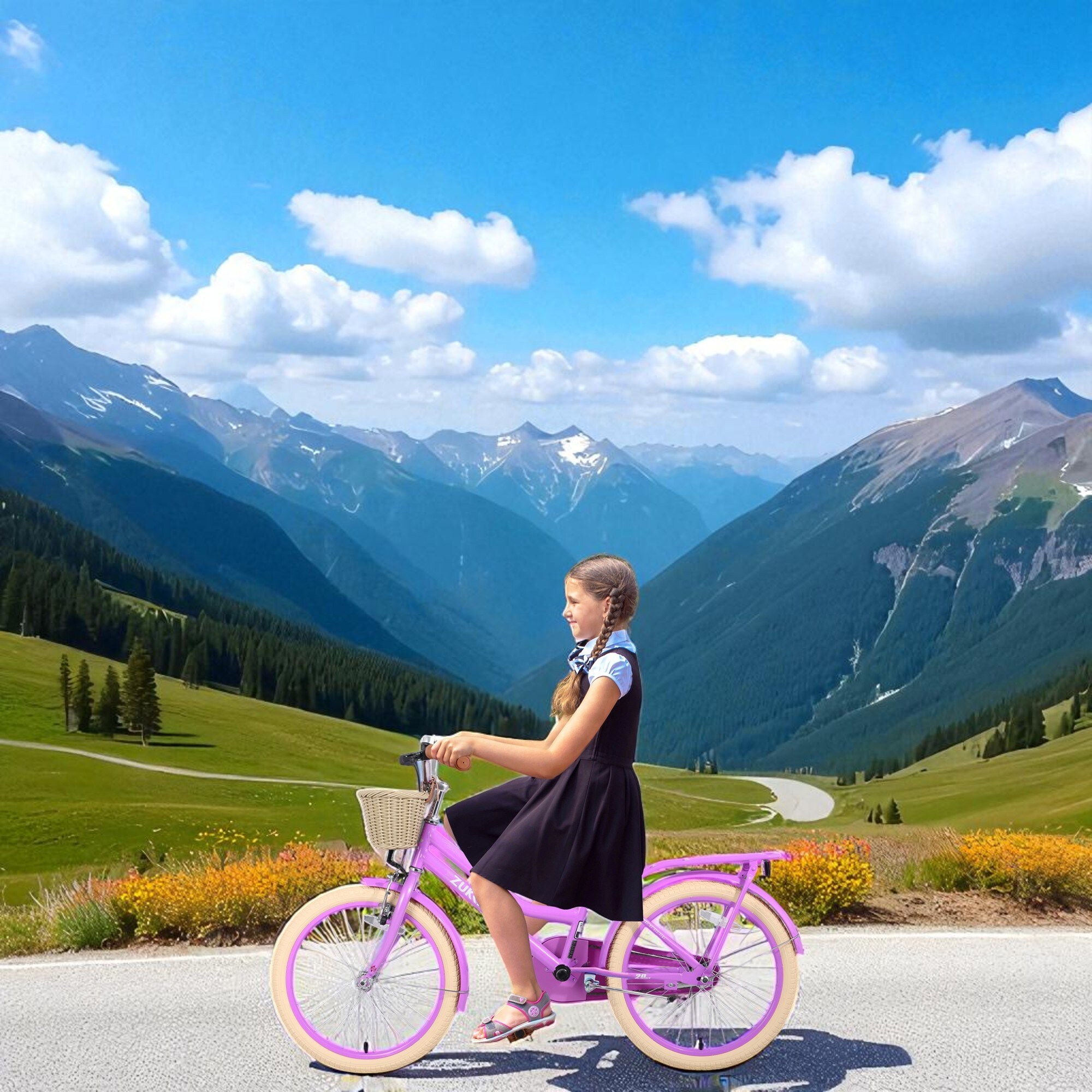 20 Inch Girls Bike with Basket, Single Speed Steel Frame, Front V
