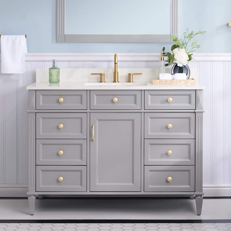 35''H Solid Wood Bath Vanity With Carrera White Quartz Top and Sink - 48''W - Grey