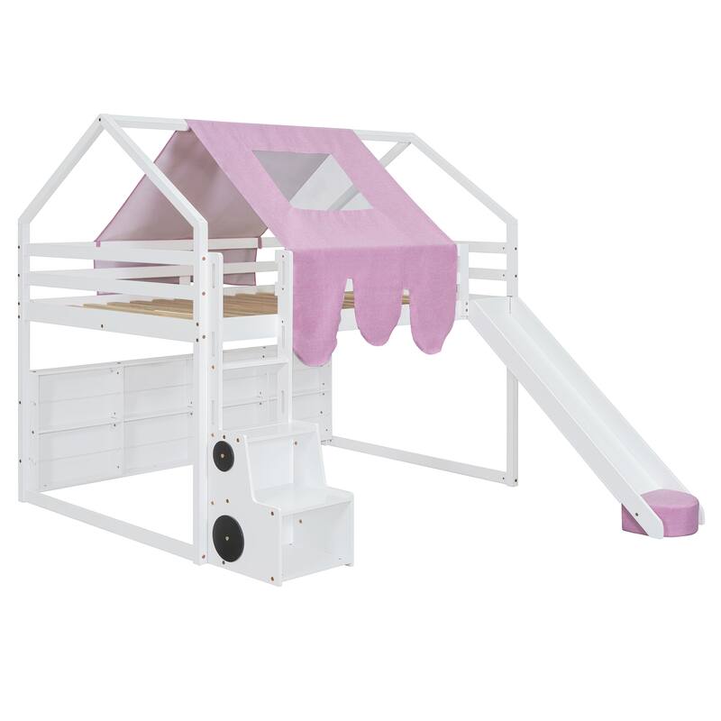 House-Shaped Wooden Loft Bed with Tent, Slide & Storage - Twin/Full Size in White & Pink