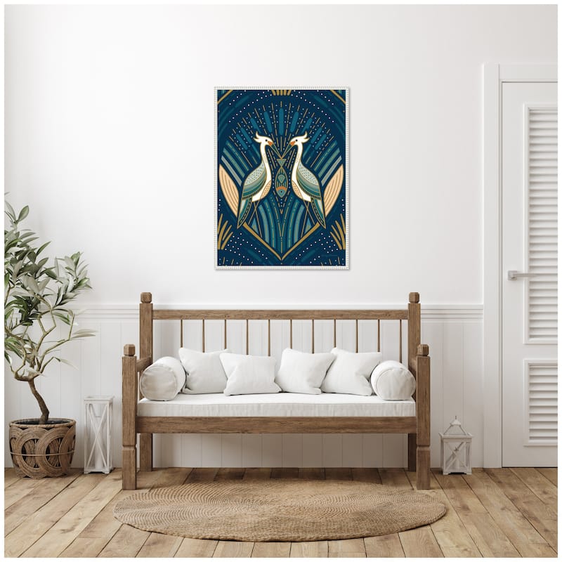 Kate and Laurel Sylvie Art Deco Herons Blue Framed Canvas by Carey Copeland