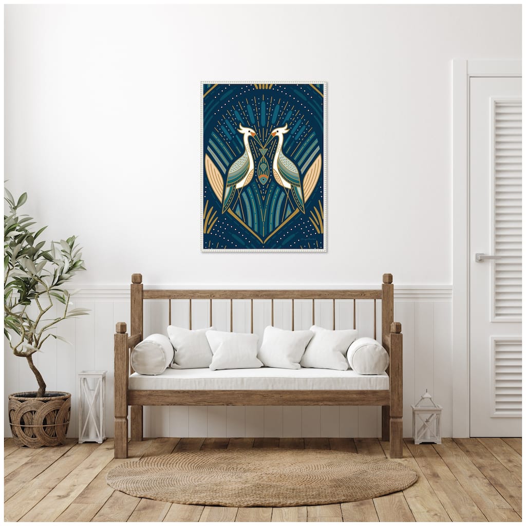 Kate and Laurel Sylvie Art Deco Herons Blue Framed Canvas by Carey Copeland