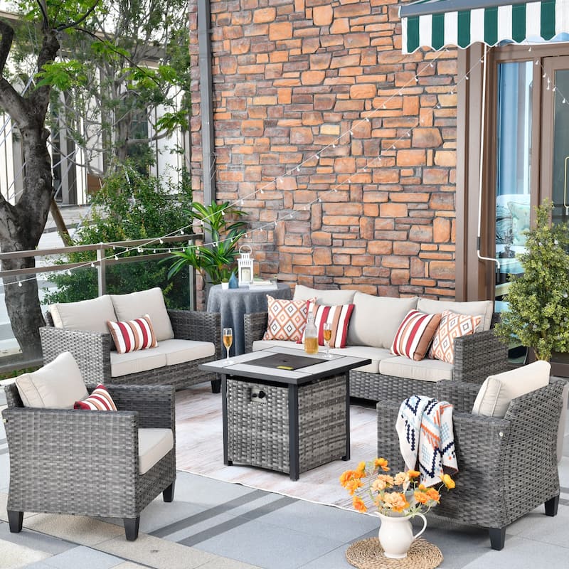 OVIOS 5-piece Patio Loveseat Wicker Set with 30" Fire Pit